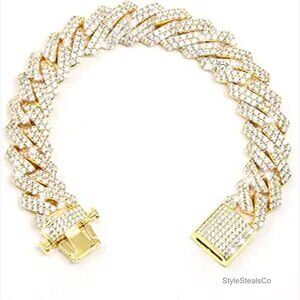 15mm Iced Out Diamond Cuban Link Chain Necklace Bracelet 18K Gold Plated